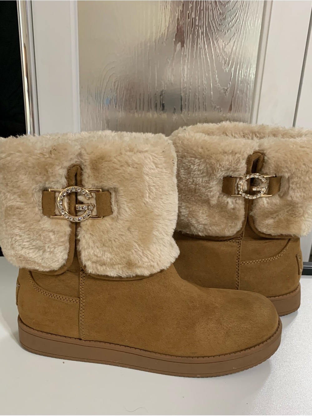 GBG Los Angeles Plush Faux Fur Slippers in Beige